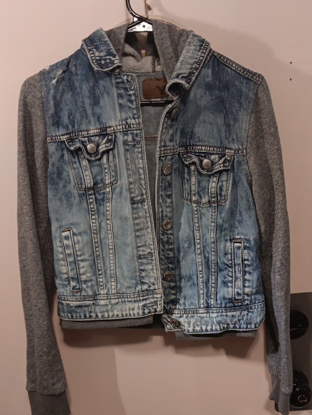 American Eagle Blue Denim & Gray Sleeved Hooded Jacket